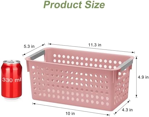 Soddeph 4 Pack Slim Plastic Storage Basket with Handles, Rectangular Storage Bins for Shelves,Narrow Organizer box for Organizing, Kitchen,Home,Office(Pink, Small) - Image 2