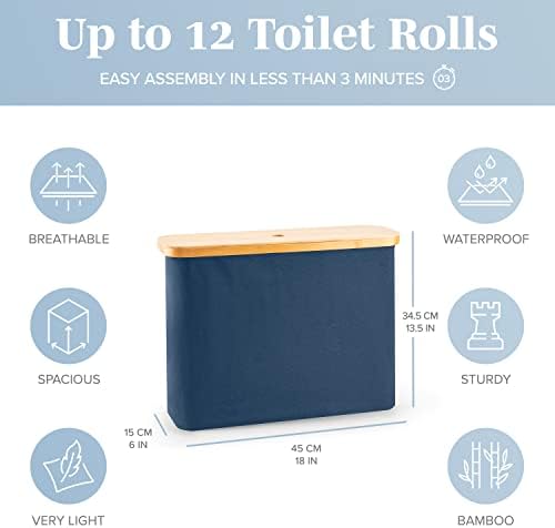 LONBET Toilet Paper Storage for 12 Rolls, Stackable & Foldable - The Ultimate Bathroom Organizer - Waterproof Basket with Bamboo Lid - Elegant Toilet Paper Storage Holder, Blue - Image 3