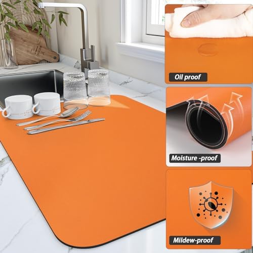 HotLive Dish Drying Mat for Kitchen Counter, Heat Resistant Drainer Mats with Non-slip Rubber Backed, Hide Stain Kitchen Super Absorbent Draining Mat, Easy to Clean Dish Rack Pad, Orange 16"x18" - Image 3