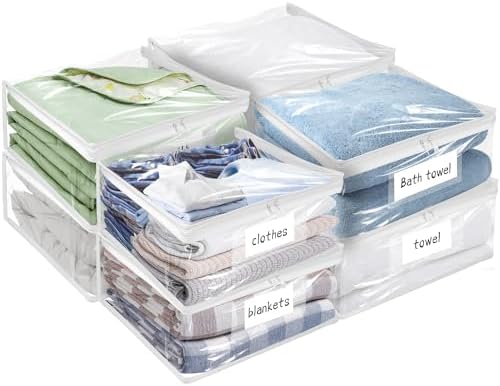 Plastic Storage Bags with Easy-Glide Zipper, Pack of 8, Durable Clear Vinyl Zippered Storage Bags for Clothes Sweaters Comforters Blankets Sheets Bedding (15 x 12 x 5 Inch, Transparent White) by Kikerike