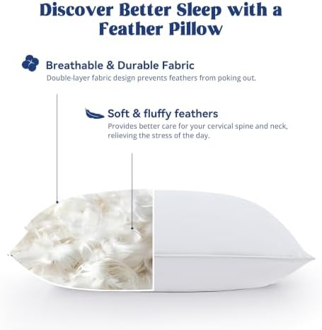 puredown® Goose Feather Down Pillows Standard Size Set of 2, Fluffy Luxury Hotel Collection Bed Pillow for Back, Stomach or Side Sleeper - Image 3