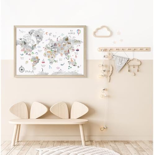 Joocrise Grey Kids World Map Wall Art Animal Map Canvas Wall Art Nursery Wall Decor World Map Poster Childrens Room Decor Playroom Prints Educational Artwork 16x24 Inch Wood Frame - Image 6