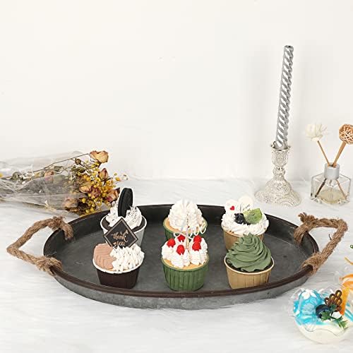 Hipiwe Galvanized Metal Iron Tray Farmhouse Serving Trays with Rope Handle - Image 5