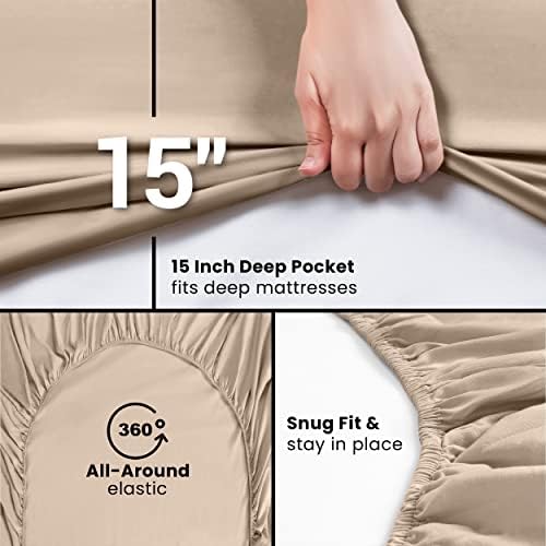 Pack of 2 Full Fitted Sheet, Fits Up to 15 Inch Deep Pocket, Beige - Image 6