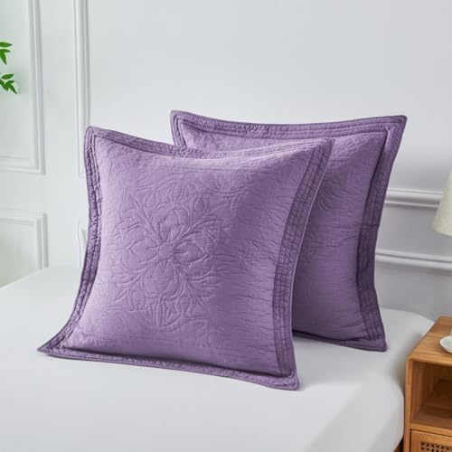 WINLIFE 100% Cotton Quilted Euro Sham Covers, 2 Pack Cotton 26'' x 26'' Pillow Covers, Soft and Breathable Euro Shams, Square Pillow Shams, Dark Purple - Image 3