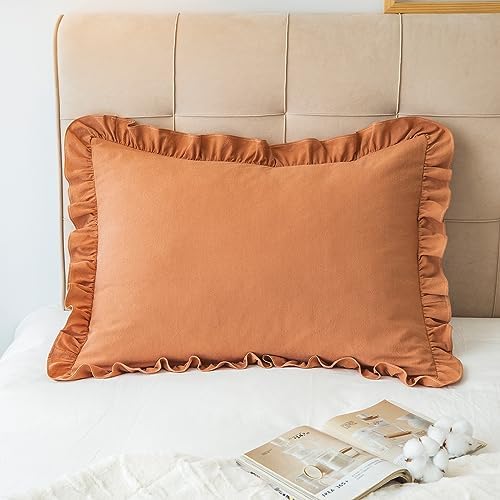 GLORY SEASON Pillow Shams Set of 2 Washed 100% Cotton Retro Ruffle Flounces Trim Solid Beige Decorative Pillow Cases for Home Bedroom Decor 20x26 Inch - Image 2