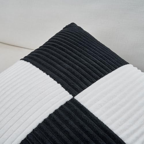 Fancy Homi Set of 2 Black White Decorative Throw Pillow Covers 22x22 Inch for Living Room Couch Bed Sofa, Farmhouse Boho Home Decor, Soft Cross Corduroy Patchwork Accent Square Cushion Case 55x55 cm - Image 3