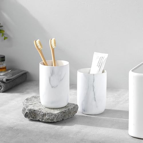 Marble Toothbrush Holders - 2 Ceramic Toothbrush Holders for Bathrooms Toothbrush Toothpaste Holders Set, White Bathroom Tumbler Cups Reusable Toothbrush Mouthwash Cup, Bathroom Counter Organizer. - Image 3