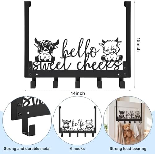 Kathfly Cute Highland Cow Over Door Towel Rack 5 Hooks Black - Image 2