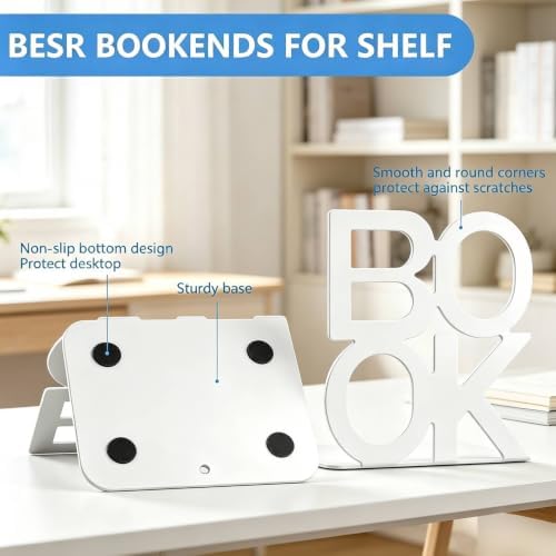 Book Ends - Decorative Metal Book Ends Supports for Bookrack Desk,Books, Unique Appearance Design,Heavy Duty (White, 4 Pair) - Image 2