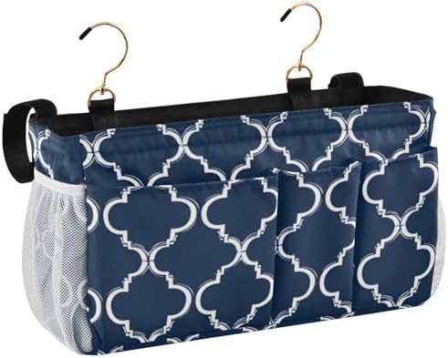 Bedside Caddy Hanging Bunk Bed Caddy Bed Organizer Hanging Pocket with 2 Hooks Bedside Storage Organizer Pocket Bag Holder Navy Blue Geometric Quatrefoil - Image 2