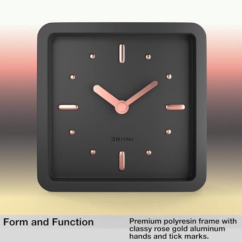 Driini Modern Mid Century Desk & Shelf Clock (Black Rose Gold) - Battery Operated with Silent, Analog Movement – Small Tabletop Clocks for Office – Perfect for Mantle, End Table, Desktop or Nightstand - Image 3