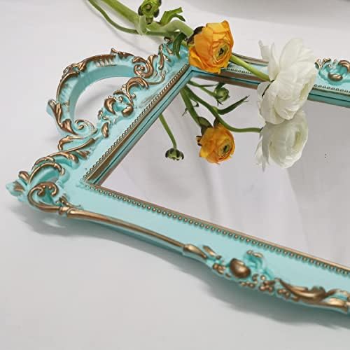 Small Rectangle Decorative Mirror Tray, French Style, Makeup Organizer, Jewelry Organizer, Serving Tray, 13"x 7.8", Golden Blue - Image 5
