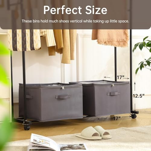 INSTY 2 Pack Shoe Organizer for Closet, Fits up to 32 Pairs, Adjustable Dividers for Shoe Storage, Fabric Shoe Storage Bins with Clear Cover, Grey - Image 2