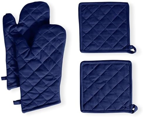 Native Fab 4 Piece Set - 2 Oven Mitts & 2 Potholders, Heat Resistant, 100% Cotton, Quilted Design, Non-Slip Grip, Machine Washable, Ideal for Baking, Cooking, BBQ, Kitchen Protection - Ink Blue by NativeFab