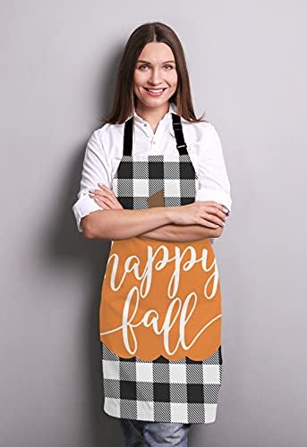 Happy Fall Pumpkin Thanksgiving Pillow case Buffalo Plaid Adjustable Bib Apron Kitchen Cooking Baking Gardening Apron for Women Men - Image 3
