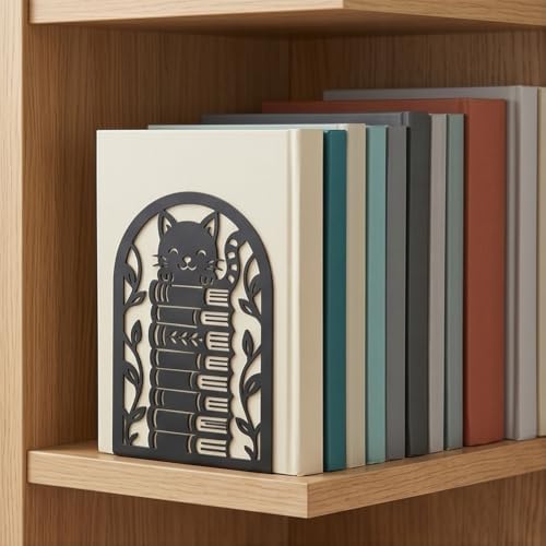 2 Pairs Reading Cat Metal Bookends, Heavy Duty Black Book Support, Creative Books Organiser Stopper for Shelves Bookshelf Office Home Decor, Cat Lovers & Bookworms Gift - Image 6