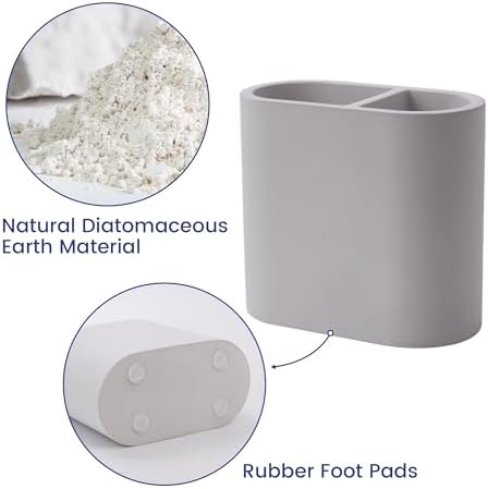 Diatomite Toothbrush Holder for Bathroom Counter, 2-Slot Toothpaste Organizer, Quick Drying Stand for Electric Brush, Grey, 4.37 x 3.9 in - Image 4