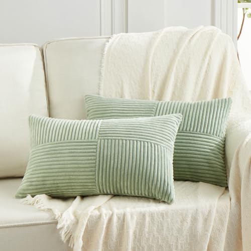 Fancy Homi 2 Packs Sage Green Lumbar Decorative Throw Pillow Covers 16x28 Inch for Living Room Couch Bed, Rustic Farmhouse Boho Home Decor, Soft Striped Corduroy Rectangle Accent Cushion Case 40x70 cm by Fancy+Homi