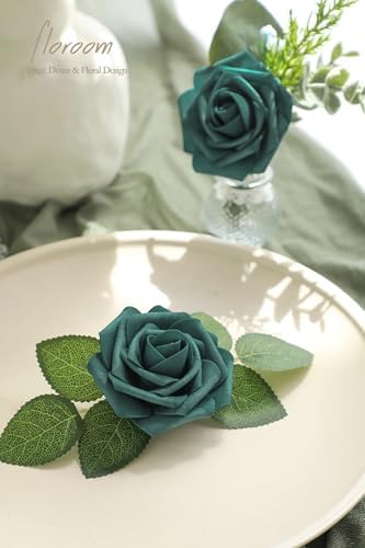 Floroom Artificial Flowers 25pcs Real Looking Peacock Green Foam Fake Roses with Stems for DIY Wedding Bouquets Bridal Shower Centerpieces Floral Arrangements Party Tables Home Decorations - Image 3