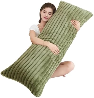 Full Body Pillow with Fluffy Stripe Faux Fur Removable Cover, Long Bed Pillow Adult 20x54 Inches for Side Sleeper and Pregnancy, Sage. by Memfydu