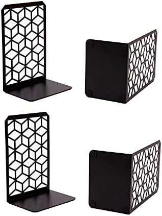 Geomod 3D Cube Black Metal Bookends Decorative for Heavy Books - Sturdy Boho Book Stops - Minimal Book Shelf Stopper - Durable Office Bookends - Weighted Metal Book Holders - 7x4.75 Inches - 2 Pair - Image 3