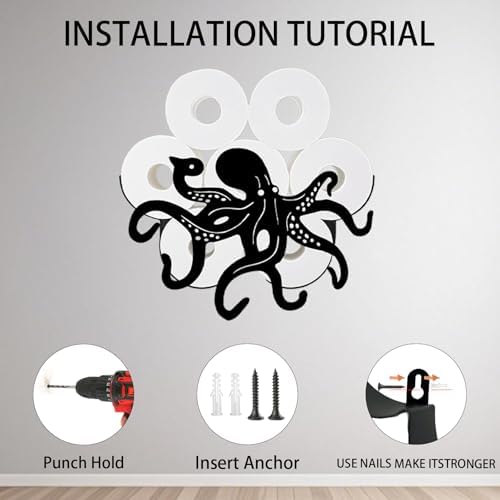 Octopus Toilet Tissue Holder,Animal Paper Holders,Decorative Metal Papers Holder,Funny Toilet Animal Storage for Bathrooms,Bathroom Paper Organizer for Extra 8 Rolls Wall Mounted Art Decor - Image 5