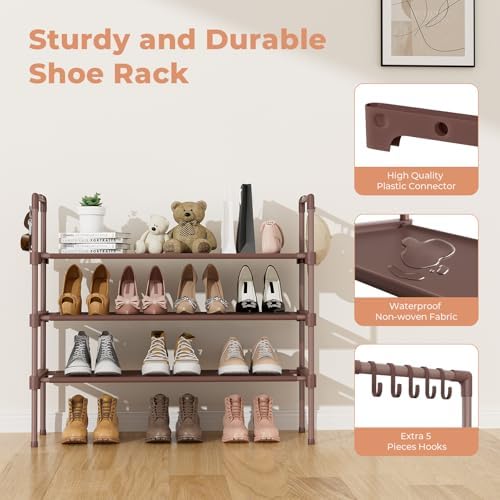 LANTEFUL 3 Tier Shoe Rack for Closet Shoe Organizer with 5 Hooks, Long Shoe Shelf Storage for Shoe and Boot Stackable Free Standing Shoe Rack for Entryway, Garage, Small Spaces, Dorm, Brown - Image 4