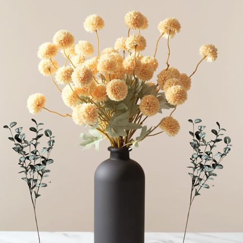 Yellow Flowers Artificial 10 Long Stems Kiku Flower With Eucalyptus by RyddeligHome-AestheticHomeDecor