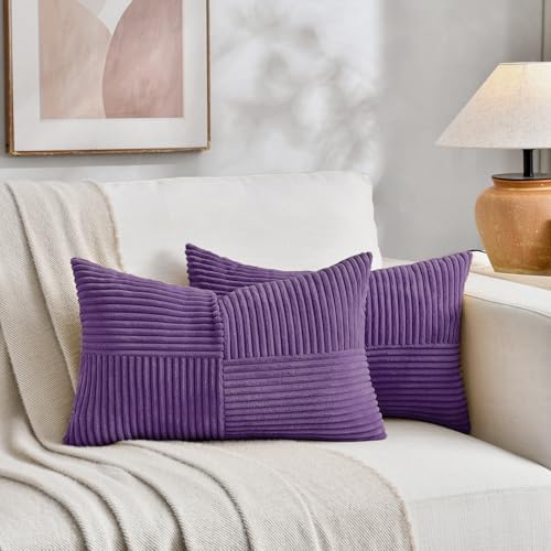 Fancy Homi Set of 2, Purple Patchwork Corduroy Decorative Soft Striped Modern Accent Cushion Case Farmhouse Boho Neutral Throw Pillow Covers for Chair Couch Bed Sofa Living Room 28x20 Inch - Image 5