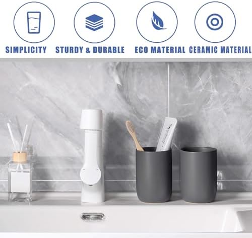 Toothbrush Holders for Bathrooms - 1 Cups Ceramic Toothbrush Toothpaste Holders, Grey Bathroom Tumbler Cups Reusable Toothbrush Mouthwash Cup, Bathroom Counter Organizer. - Image 4