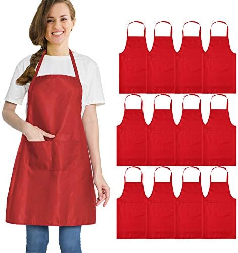 12 Pack Red Aprons for Women Men with 2 Pockets-Artist Baking Cooking Kitchen Aprons Bulk(24x28 inch, Red) by multifuns