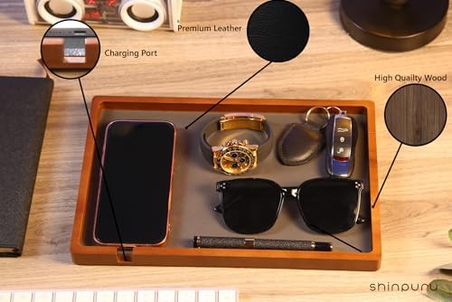 Shinpuru Wooden Valet Tray for Men, Nightstand Organizer with Leather Inlay, EDC Essentials Catchall Tray for Keys, Phone, Wallet, Watch, Earbuds - Bedside Desk Entryway Tray (Wood-Full) - Image 3
