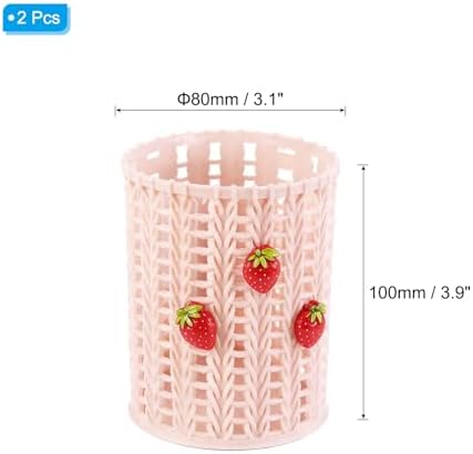 PATIKIL Pencil Holder, 2 Pack Plastic Pen Holder for Desk Cute Pencil Holders Strawberry Cup Organizer Mesh Makeup Brush Holder Stationery Storage, Pink - Image 2