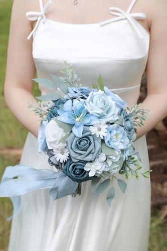 Blue Artificial Flowers Silk Fake Roses Peonies Greenery Combo Box Set for DIY Wedding Bouquets Bridal Shower Centerpieces Floral Arrangements Party Tables Home Decoration - Image 3