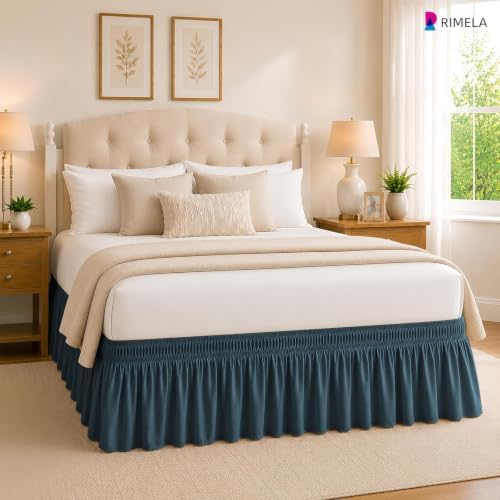 Dusty Navy Bed Skirt Queen Size 18" Drop, Elastic Wrap Around Bedskirt - Image 2