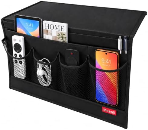 Bedside Storage Organizer with 6 Pockets, Bedside Caddy, Table Cabinet Storage Organizer for TV Remote Control, Phones, Magazines, Tablets, Accessories, Black by Meeall