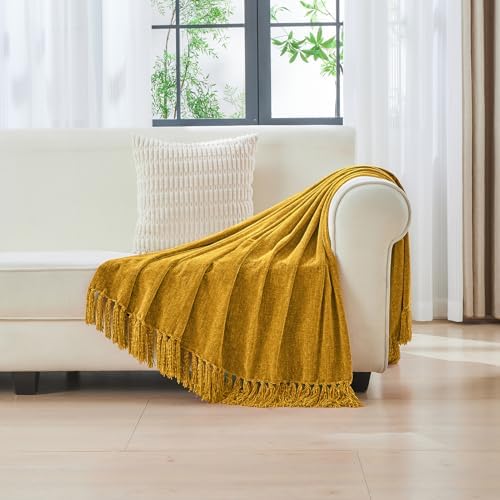CozeCube Chenille Throw Blanket, Harvest Gold Fringe Blanket, 60"X80" - Image 3