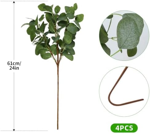 4pcs 24in Artificial Eucalyptus Stems with 9 Branches Realistic Silk Faux Eucalyptus Greenery for Vase Wedding Bouquet Table Centerpiece Home Party Decor Pet Safe Pollen Free Fake Greenery - Image 3