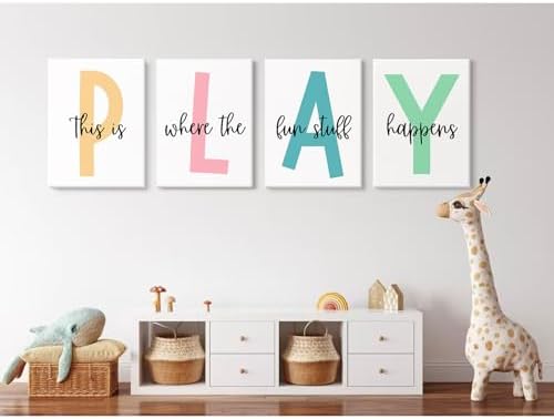 Baccone Kids Playroom Wall Art Playroom Wall Decor Kids Play Canvas Wall Art Play Sign Pictures Toddler Playroom Art Prints Nursery Children Artwork for Room Bedroom Set of 4 12x16 Inch Ready to Hang - Image 5