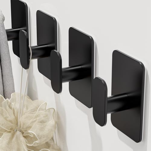 Large Heavy Duty Wall Hooks - 26lb Max, Stainless Steel Adhesive Towel Hooks for Hanging Towel, Coat, Robe, Hat, Sticky Towel Holder for Wall Mount in Bathroom, Shower, Kitchen (Black, 2 Pack) - Image 4