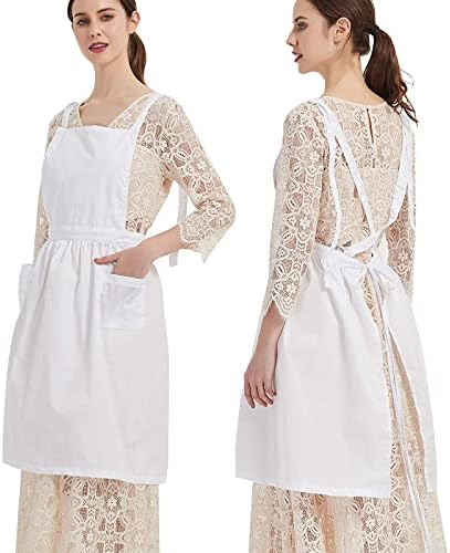 White Maid Half Apron for Women with Pocket, Vintage Ruffled Apron - Image 2