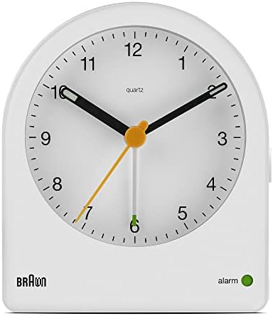 Braun Classic Analogue Alarm Clock with Snooze and Continuous Backlight, Quiet Quartz Movement, Crescendo Beep Alarm in White, Model BC22W. by Unknown