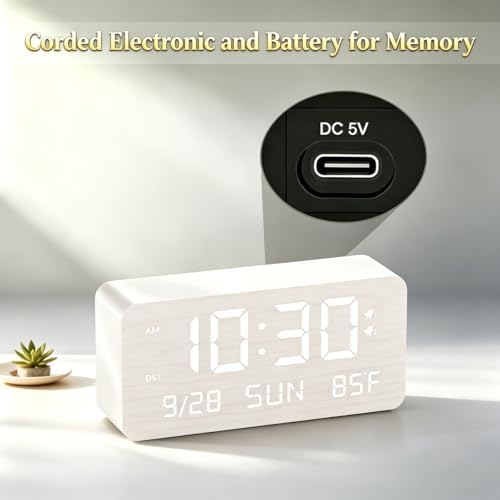 Wooden Digital Alarm Clock for Bedroom Desk Clock with Date, Day of Week, Temperature, Dual Alarms, Dimmer, USB Port Charge, DST, Adjustable Volume for Living Room/Office Wood Decor (White) - Image 2