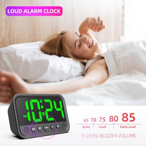 Small LED Digital Clock for Bedroom, Loud Alarm Clock for Heavy Sleepers Adults, Teens | Plug-In Electric Desk Clock | Simple Bedside Nightstand Clock with Adjustable Volume/Brightness/Snooze – Green - Image 2