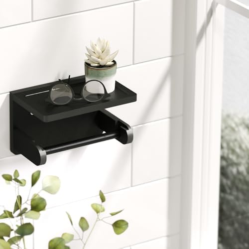 VERTORGAN 2 Pack Bamboo Toilet Paper Holder with Phone Shelf(Black) - Image 2