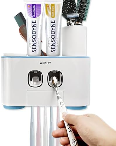 Toothbrush Holder Wall Mounted, WEKITY Multi-Functional Toothbrush and Toothpaste Dispenser for Bathroom, with 5 Toothbrush Slots, 2 Toothpaste Squeezers and 4 Cups(Blue) by Wekity
