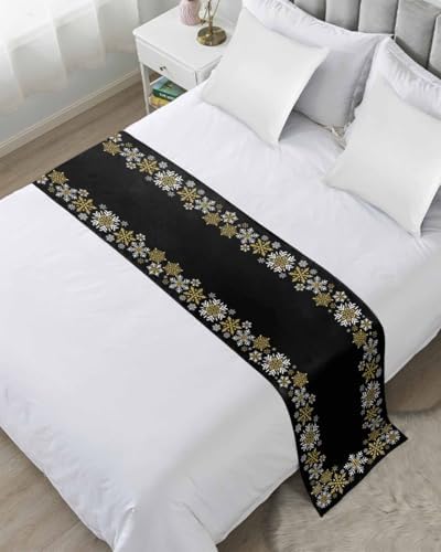Winter Christmas Snowflake on Black Bed Runners for Bedroom Hotel,Decorative Bedding Scarf Gold White Pattern Bed End Blanket Bedding Runner Scarves for King Size Bed,102x20in by ZFUNCING