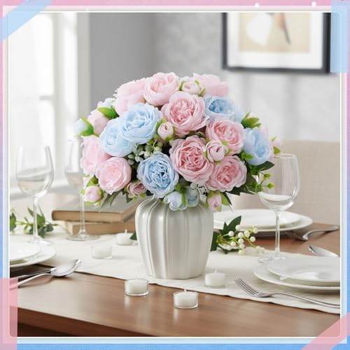 Geosar 16 Bundles Artificial Peonies Flowers,Light Pink, Light Blue - Image 4