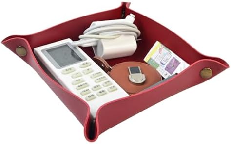 Leather Valet Tray for Women Men, Portable Entryway Table and Bedside Nightstand Desktop Storage Organizer, Leather Jewelry Catchall for Keys,Watch, Wallet, Coin, Jewelry (red) by Home
